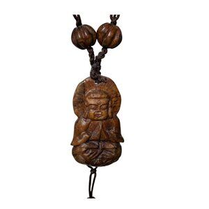 Carved Wooden Buddha Pendant Long Necklace With Tassel & Bead Accents 38 inches